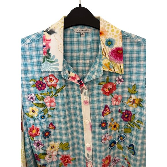 New John Mark Womens Medium Hummingbird Floral Lagenlook Button-Up Shirt Artsy - Picture 4 of 14